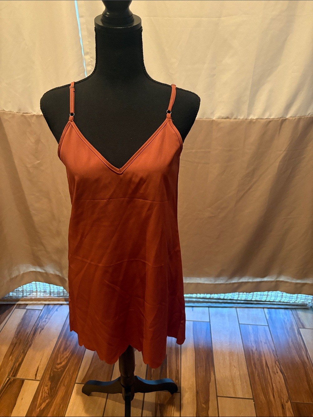 SHEIN Rust Satin V-Neck Slip Dress with Spaghetti Straps